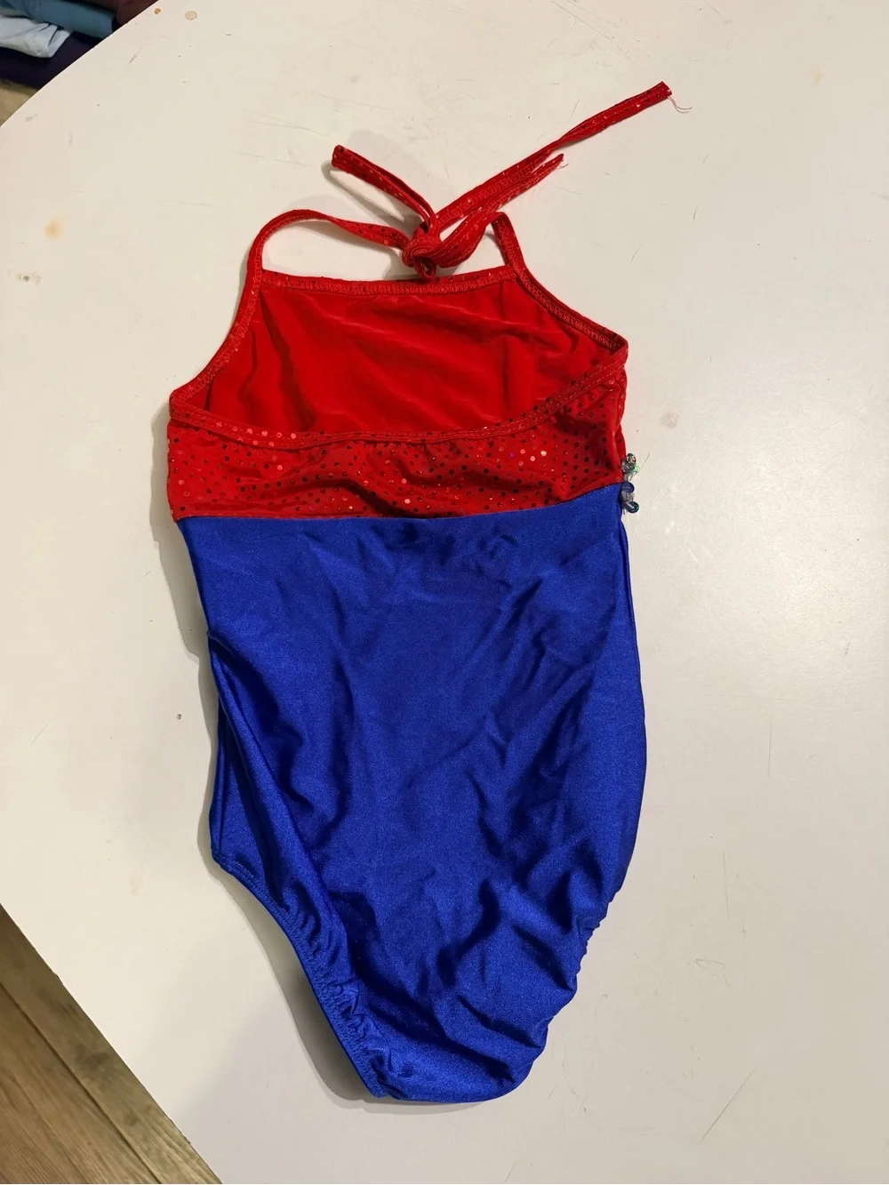 Costume Depot Girl’s XS Red Blue Sequin Dance Leotard Bodysuit Fringe Skirt Set